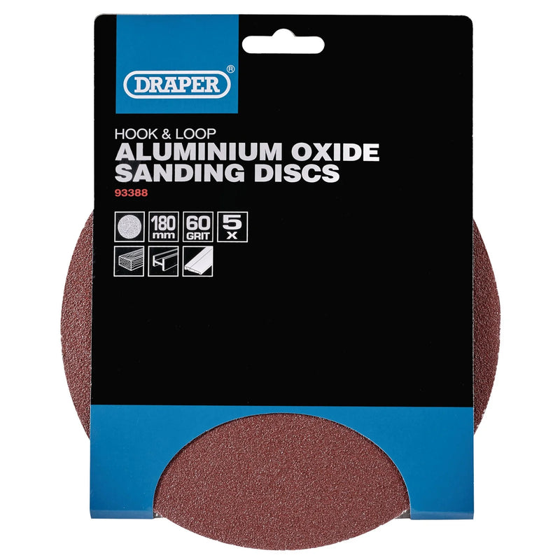 Draper Sanding Discs 180mm 60 Grit Hook and Loop (Pack of 5)