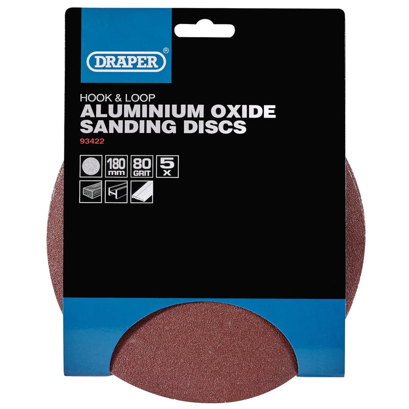 Draper Sanding Discs 180mm 80 Grit Hook and Loop (Pack of 5)
