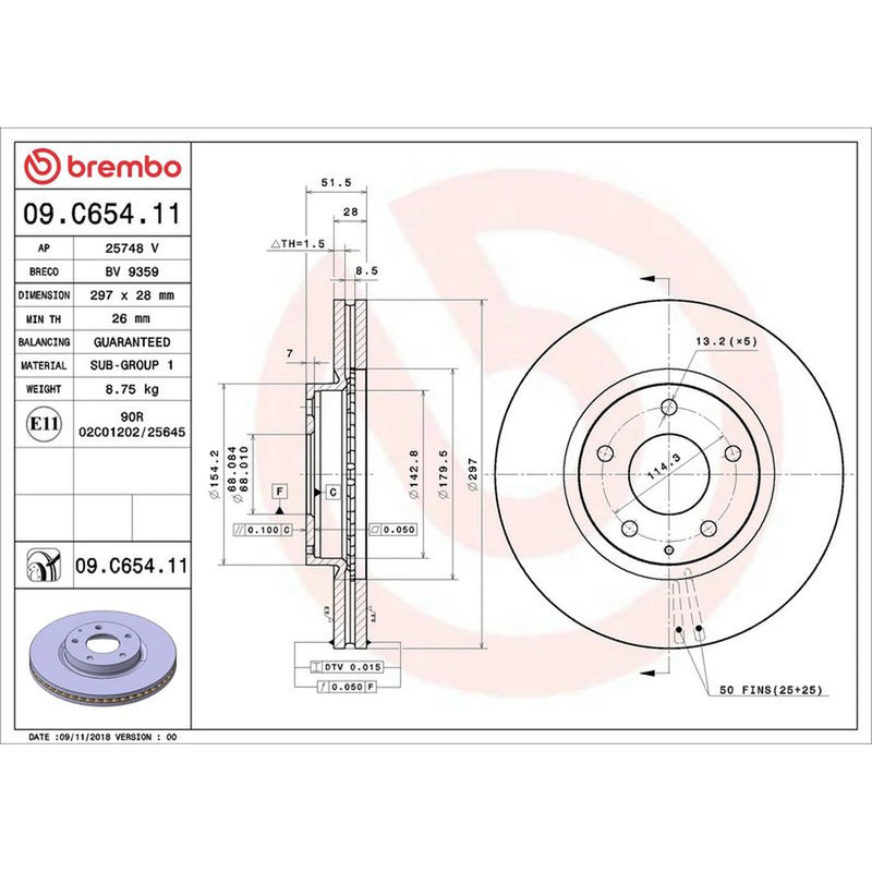 Brembo 2 x Internally Vented Front Brake Discs 09.C654.11