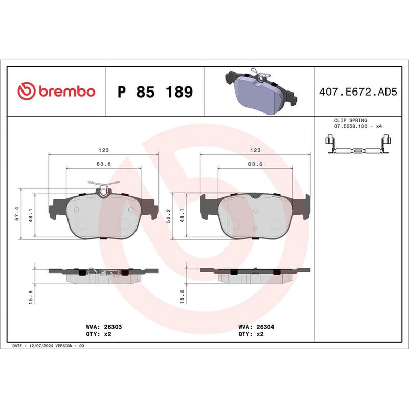 Brembo 4 x Rear Brake Pad Set P85189