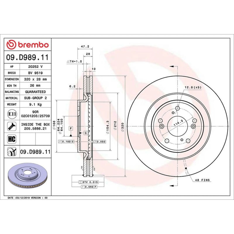 Brembo 2 x Internally Vented Front Brake Discs 09.D989.11
