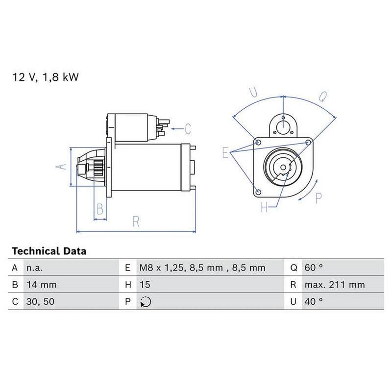 Bosch Starter Motor 12V 1.8kW 15 Teeth 0 986 026 510