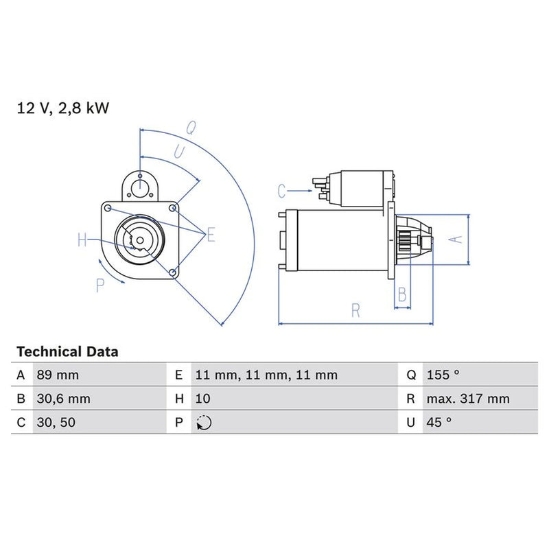 Bosch Starter Motor 12V 2.8kW 10 Teeth 0 986 018 151