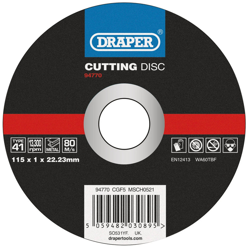 Draper Metal Cutting Disc, 115mm, 1mm Thickness, 22.23mm Bore