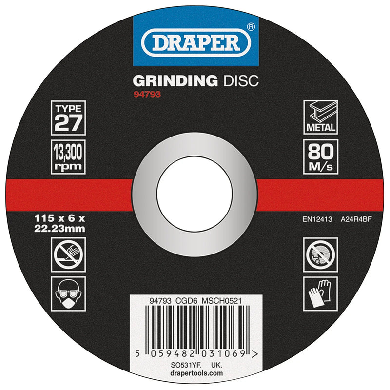 Draper Metal Grinding Disc 115mm x 6mm x 22.23mm