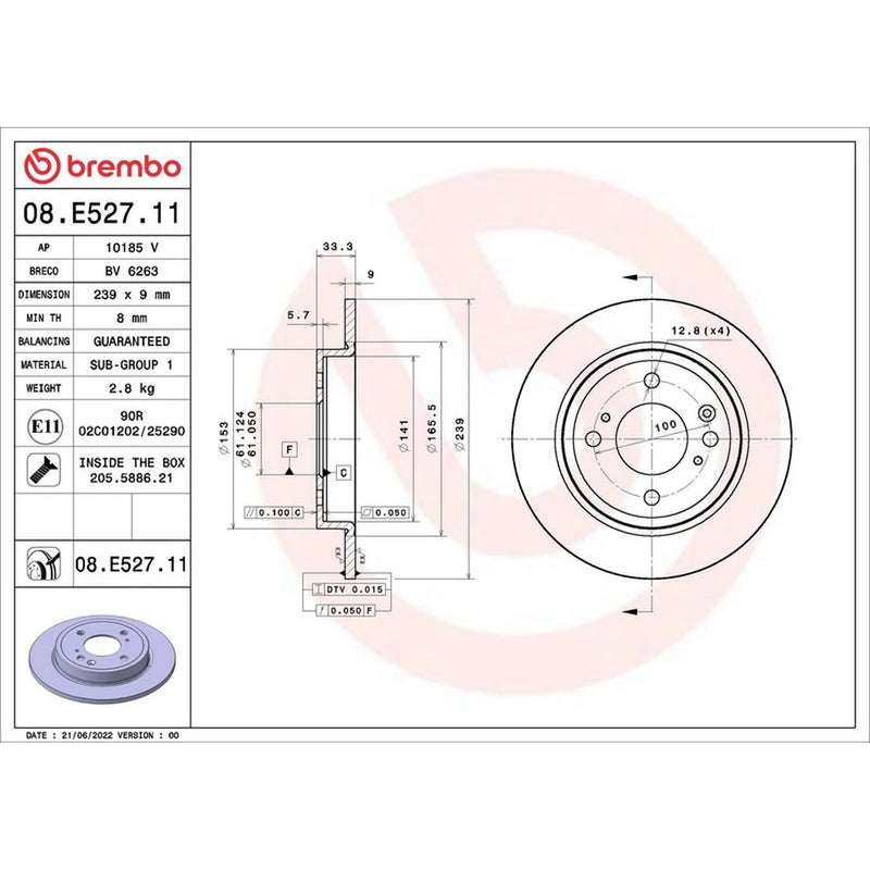 Brembo 2 x Solid Rear Brake Discs 08.E527.11
