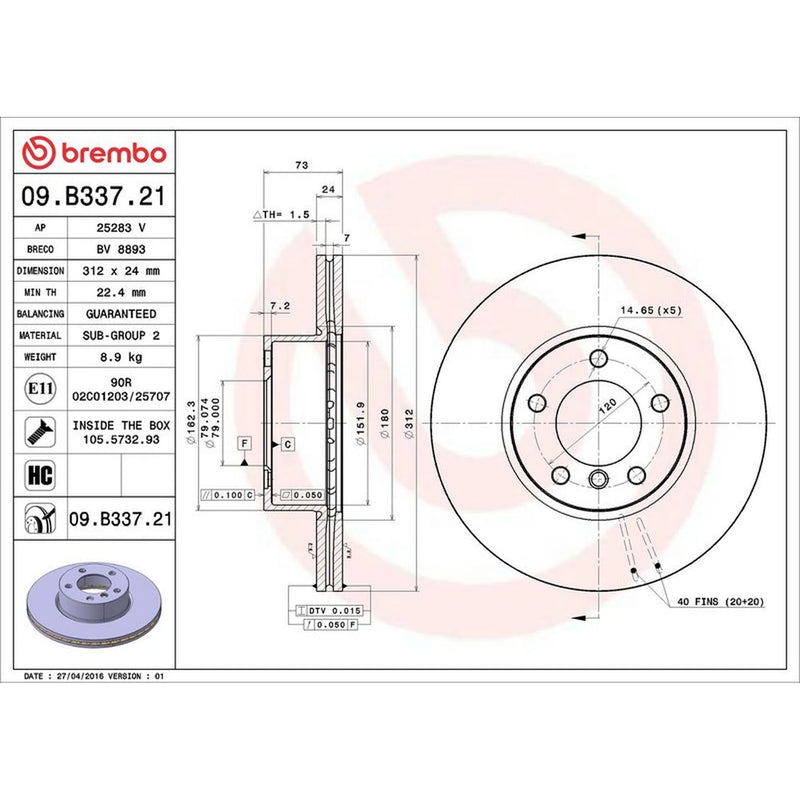 Brembo 2 x Internally Vented Front Brake Discs 09.B337.21