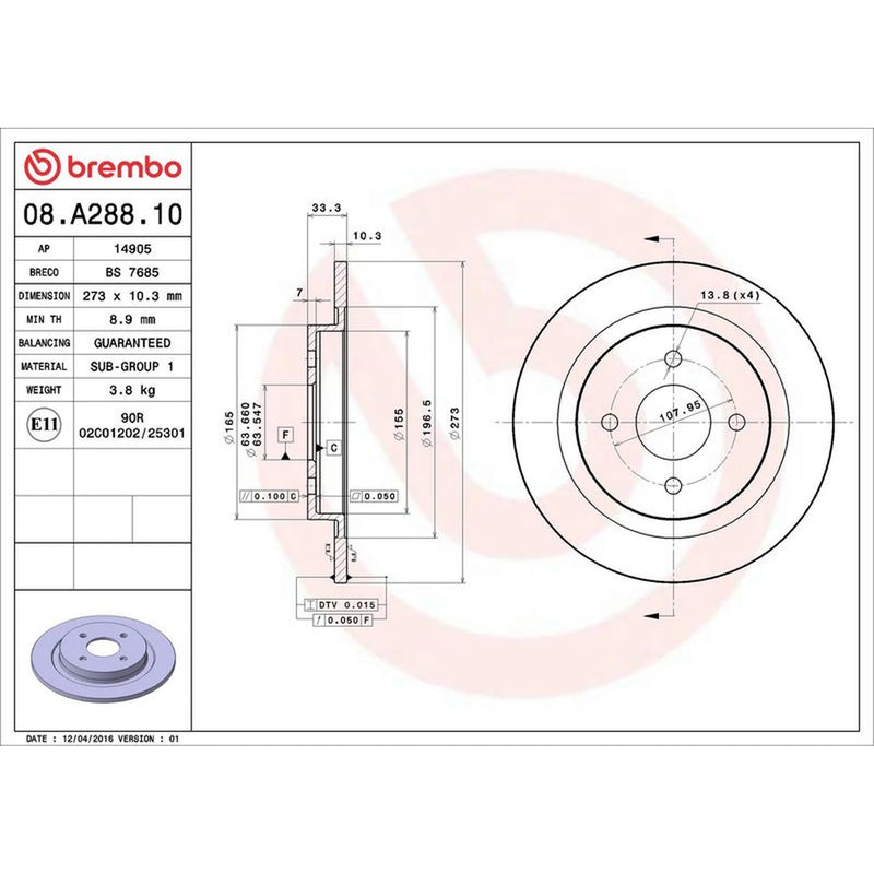 Brembo 2 x Solid Rear Brake Discs 08.A288.10