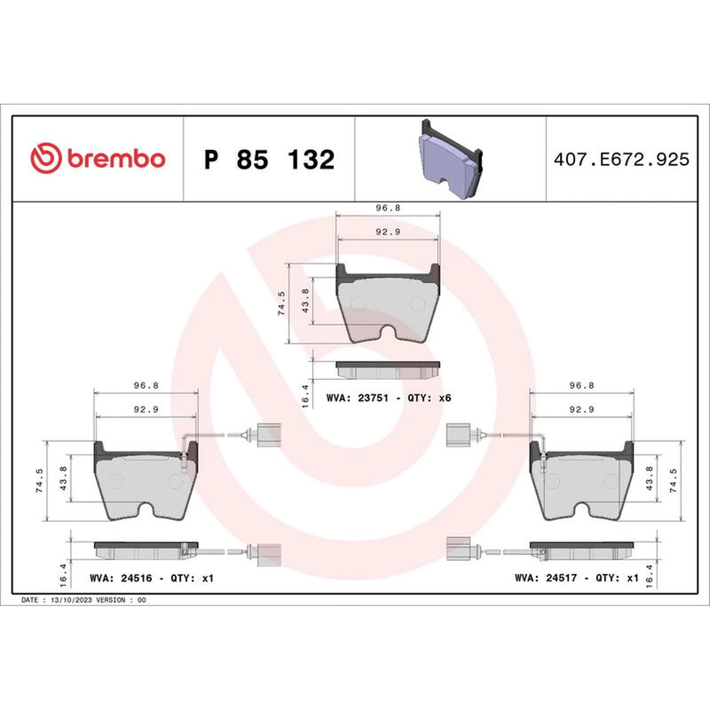 Brembo 8 x Front Brake Pad Set P85132