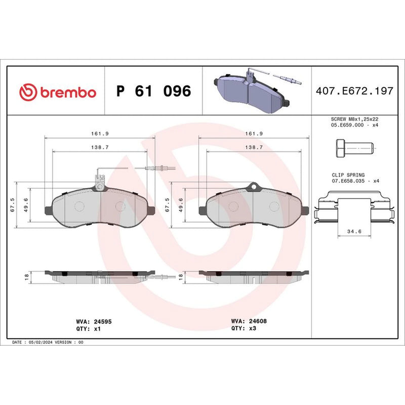 Brembo 4 x Front Brake Pad Set P61096
