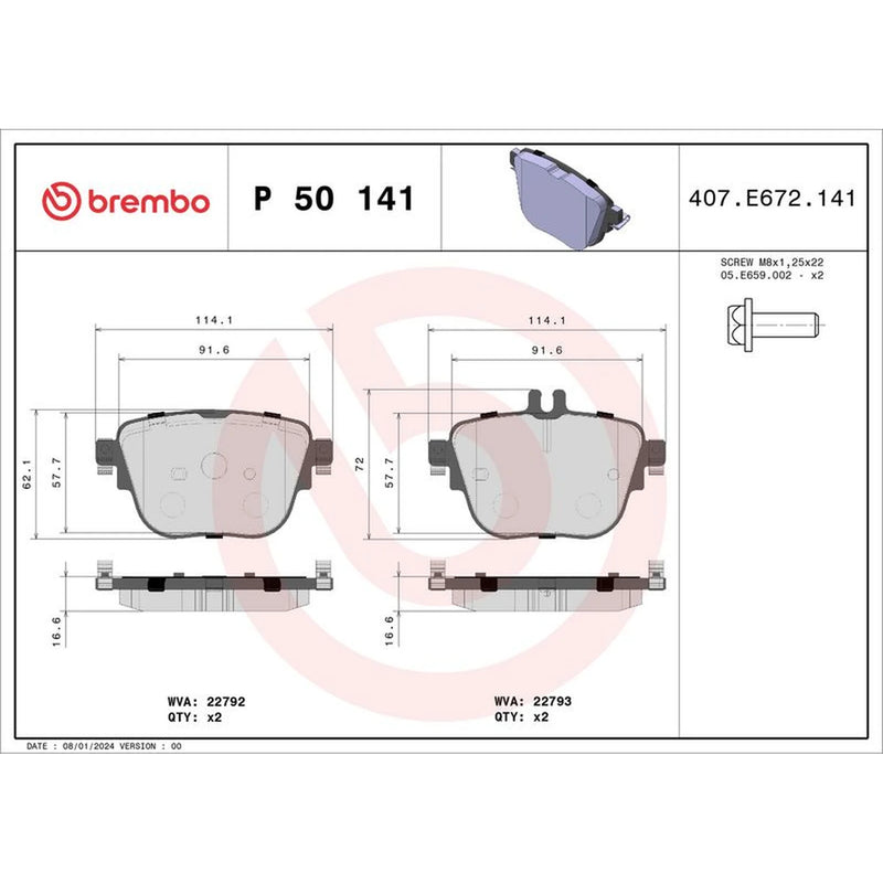 Brembo 4 x Rear Brake Pad Set P50141