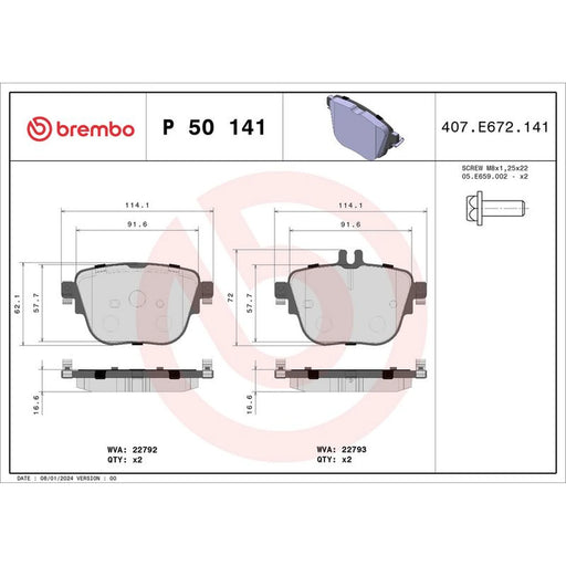 Brembo 4 x Rear Brake Pad Set P50141