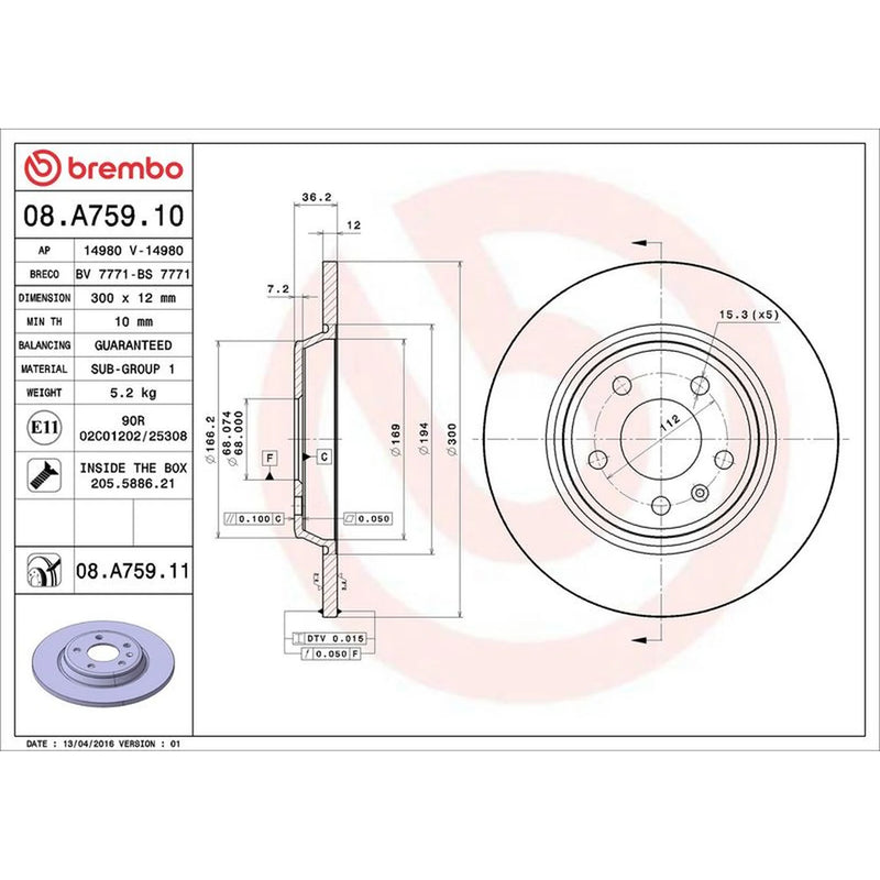Brembo 2 x Solid Rear Brake Discs 08.A759.11