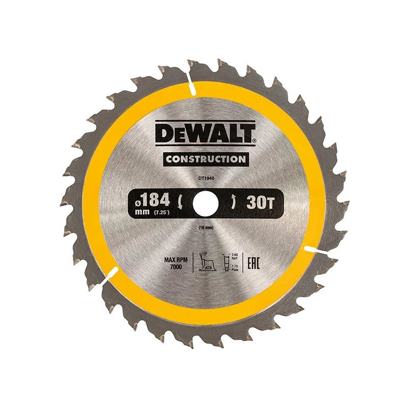 DEWALT Power Tools Portable Construction Circular Saw Blade 184 x 30T 16-30mm