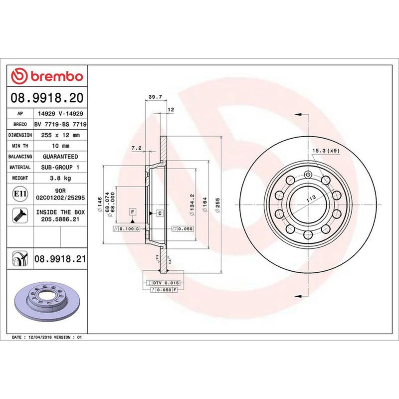 Brembo 2 x Solid Rear Brake Discs 08.9918.21
