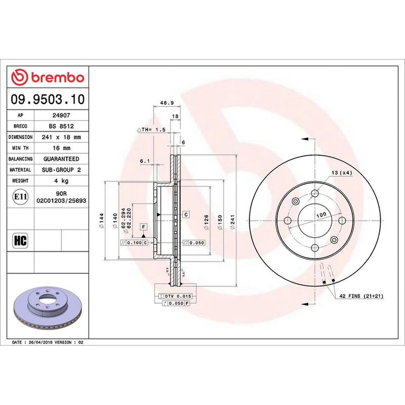 Brembo 2 x Front Brake Discs 09.9503.10