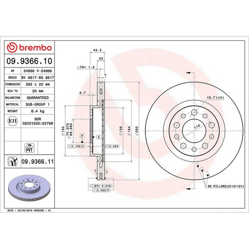 Brembo 2 x Internally Vented Rear Brake Discs 09.9366.11