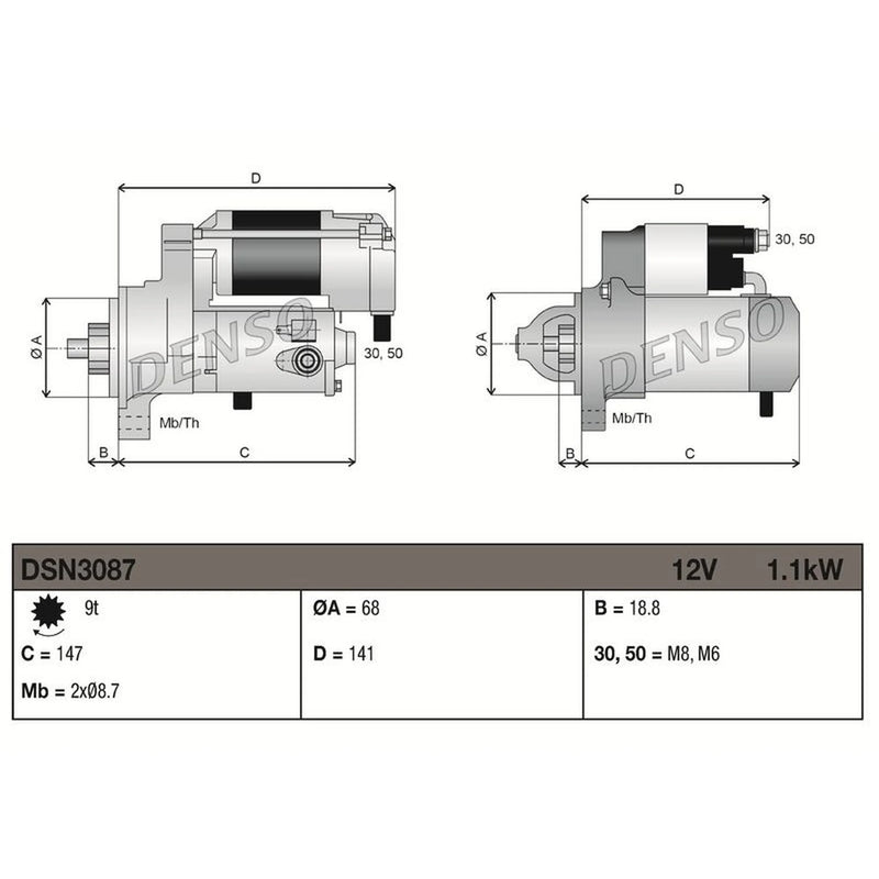 Denso Starter Motor 12V 1.1kW 9 Teeth DSN3087
