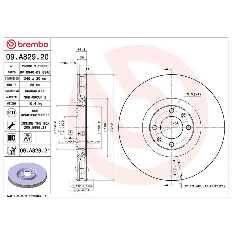 Brembo 2 x Internally Vented Front Brake Discs 09.A829.21