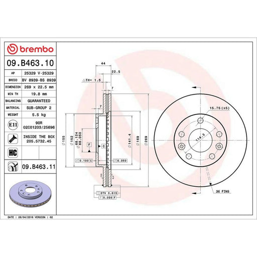 Brembo 2 x Front Brake Discs 09.B463.11