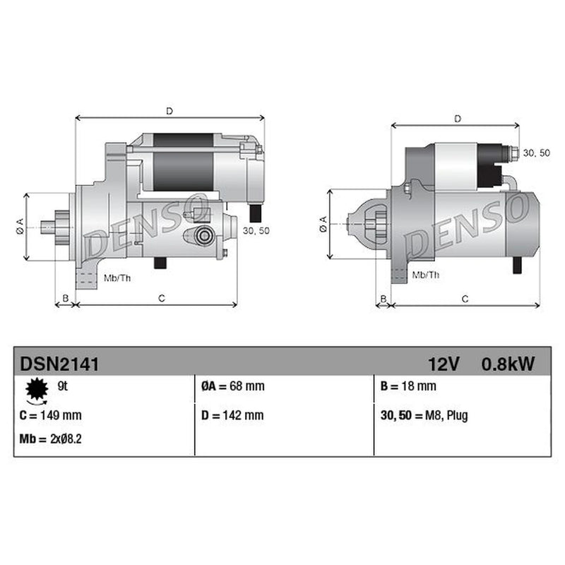 Denso Starter Motor 12V 0.8kW 9 Teeth DSN2141