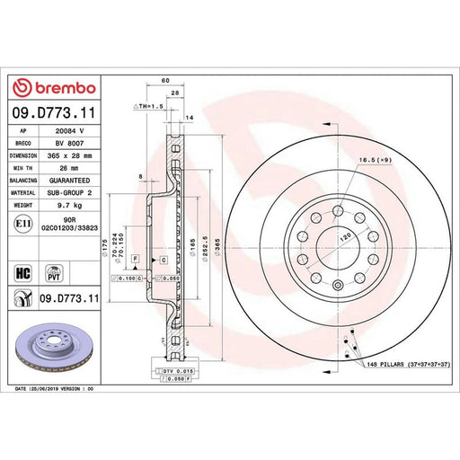Brembo 2 x Internally Vented Rear Brake Discs 09.D773.11