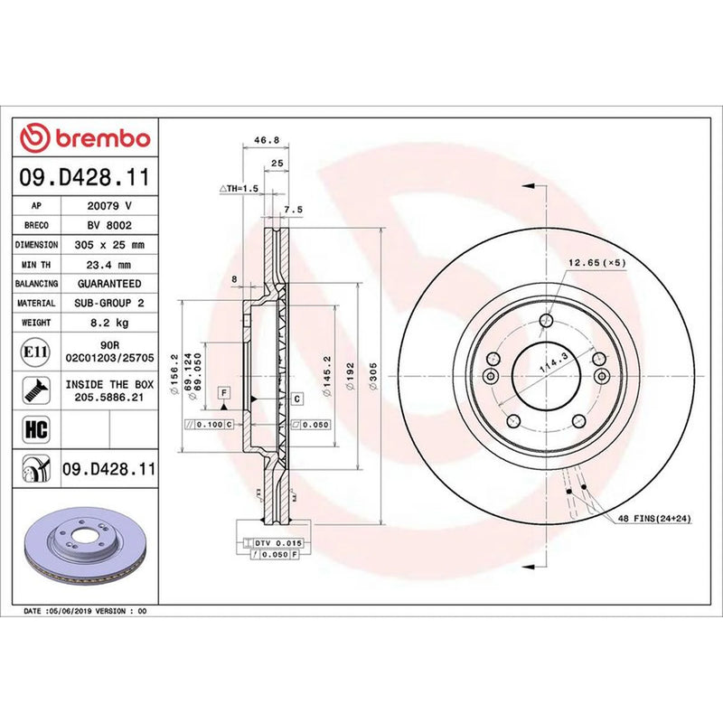 Brembo 2 x Internally Vented Front Brake Discs 09.D428.11