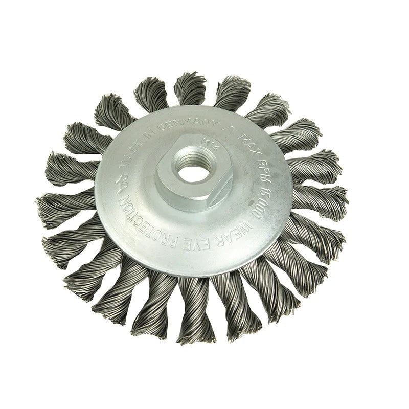 Lessmann Conical Knot Brush 100mm M10 Bore, 0.50 Steel Wire - 471.254