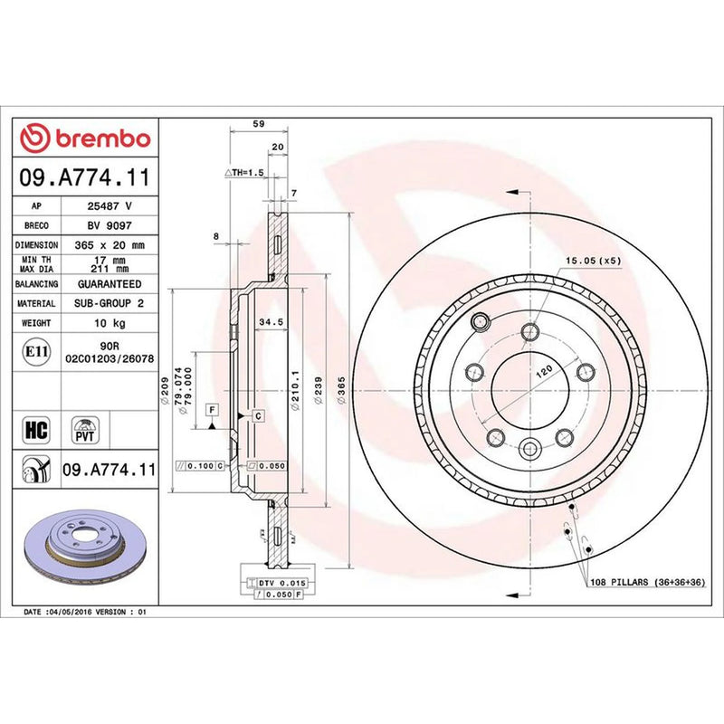 Brembo 2 x Rear Brake Discs 09.A774.11