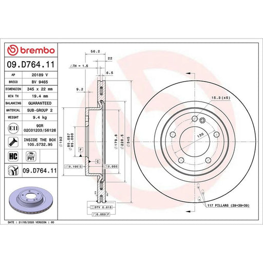 Brembo 2 x Internally Vented Rear Brake Discs 09.D764.11