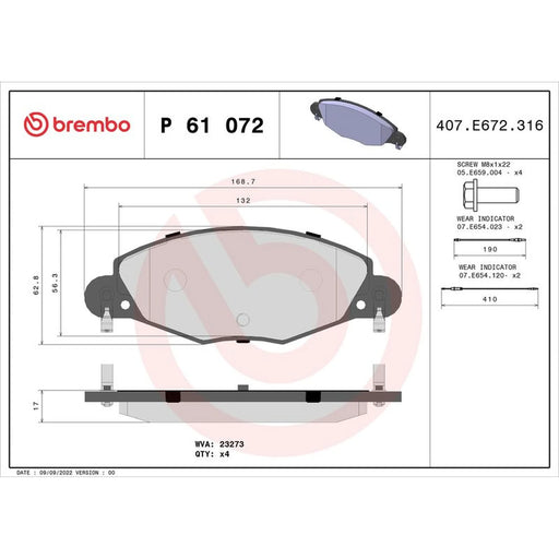 Brembo 4 x Front Brake Pad Set P61072