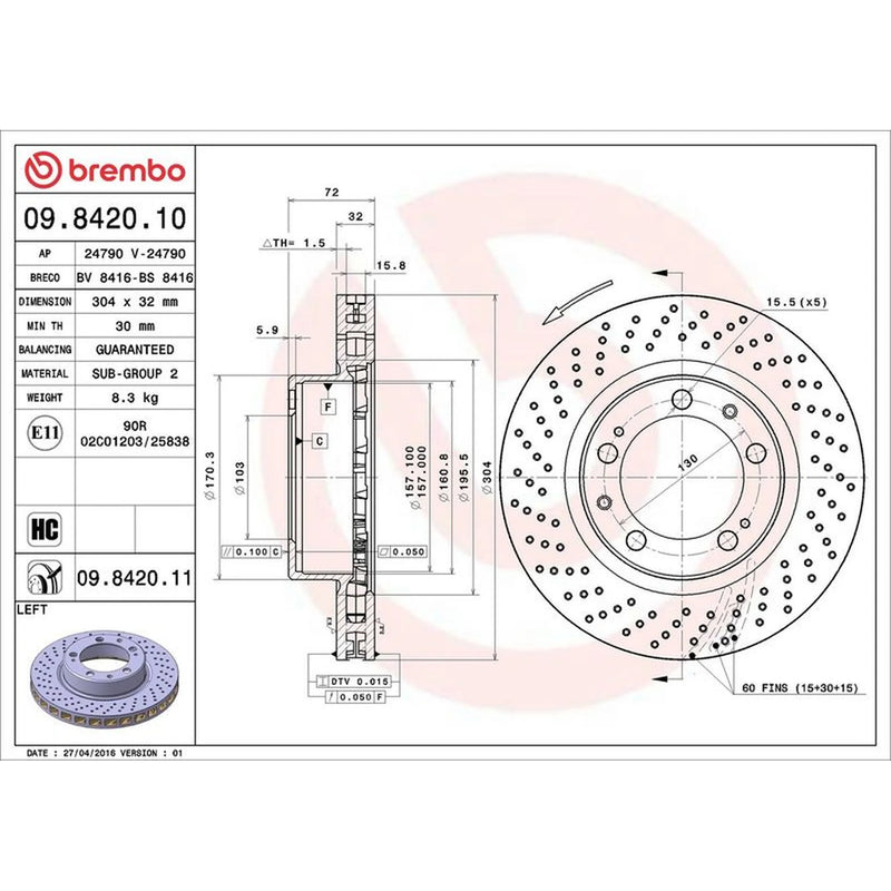 Brembo 2 x Perforated/Vented Front Brake Discs 09.8420.11