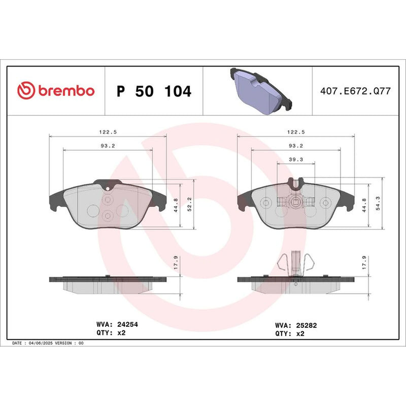 Brembo 4 x Rear Brake Pad Set P50104
