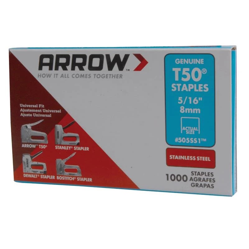 Arrow T50 Staples Stainless Steel 505SS 8mm (5/16in) (Box 1000) - A505SS1