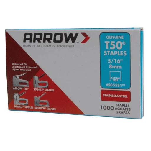 Arrow T50 Staples Stainless Steel 505SS 8mm (5/16in) (Box 1000) - A505SS1