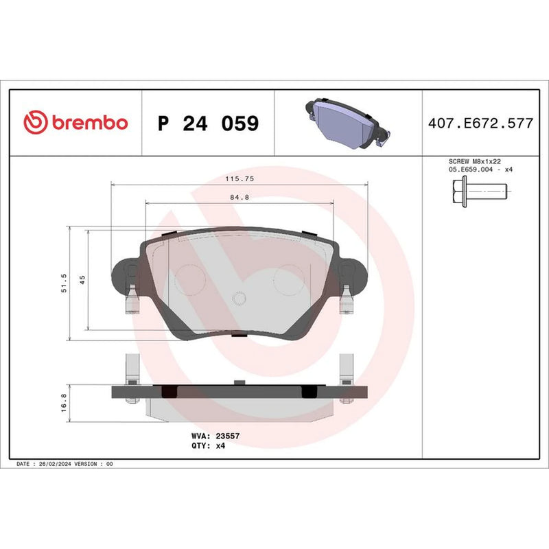 Brembo 4 x Rear Brake Pad Set P24059