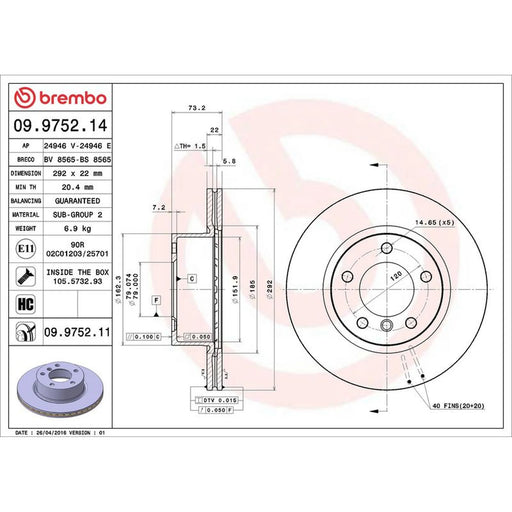 Brembo 2 x Internally Vented Front Brake Discs 09.9752.11