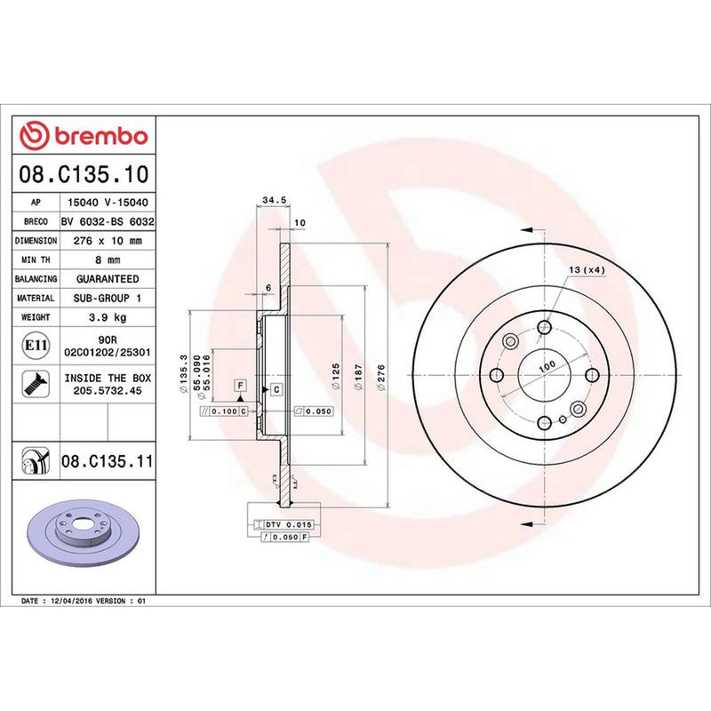 Brembo 2 x Solid Rear Brake Discs 08.C135.11