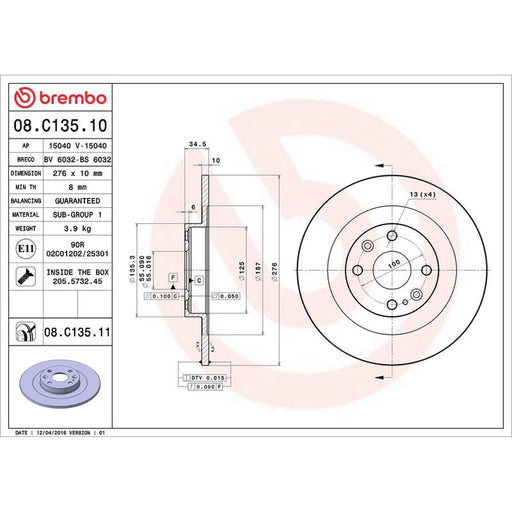 Brembo 2 x Solid Rear Brake Discs 08.C135.11