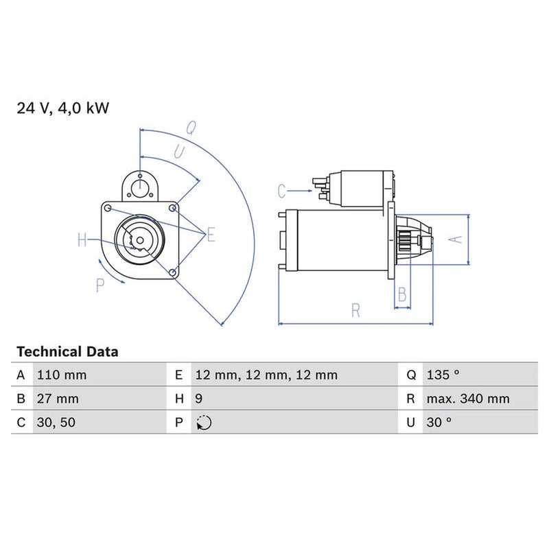 Bosch Starter Motor 24V 4kW 9 Teeth 0 986 011 330
