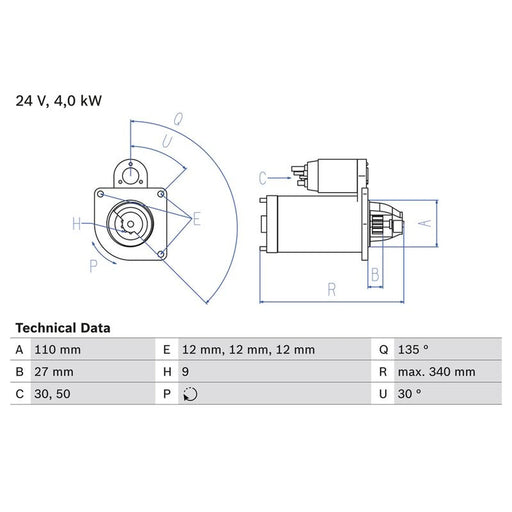 Bosch Starter Motor 24V 4kW 9 Teeth 0 986 011 330