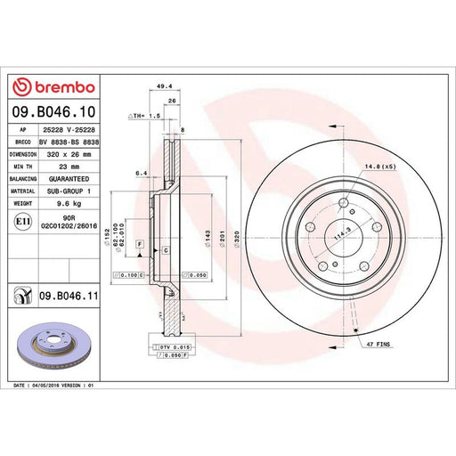 Brembo 2 x Internally Vented Front Brake Discs 09.B046.11