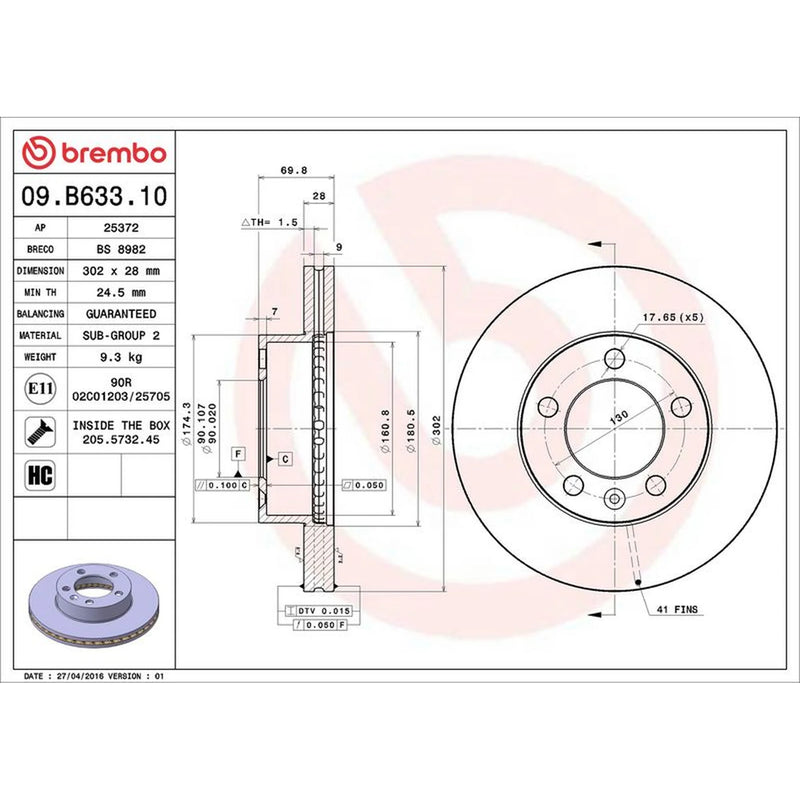 Brembo 2 x Internally Vented Front Brake Discs 09.B633.10
