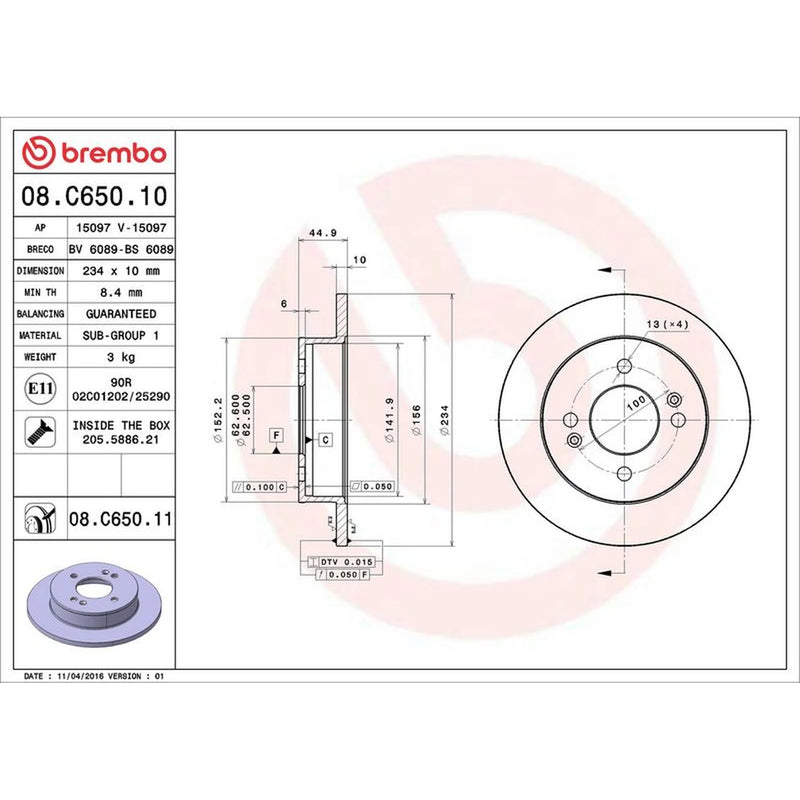 Brembo 2 x Solid Rear Brake Discs 08.C650.11