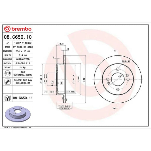 Brembo 2 x Solid Rear Brake Discs 08.C650.11
