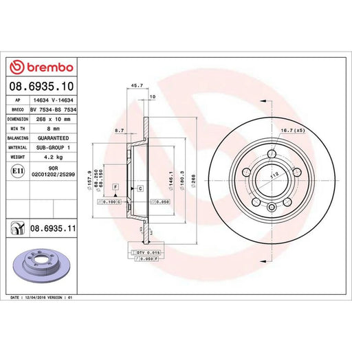 Brembo 2 x Solid Rear Brake Discs 08.6935.11