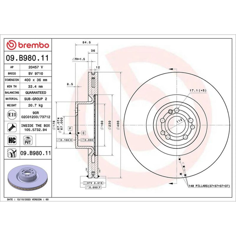Brembo 2 x Internally Vented Front Brake Discs 09.B980.11