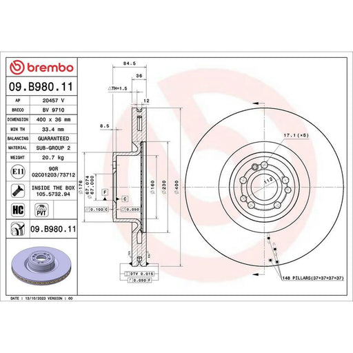 Brembo 2 x Internally Vented Front Brake Discs 09.B980.11