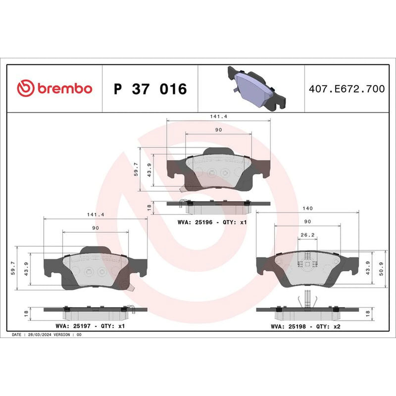 Brembo 4 x Rear Brake Pad Set P37016