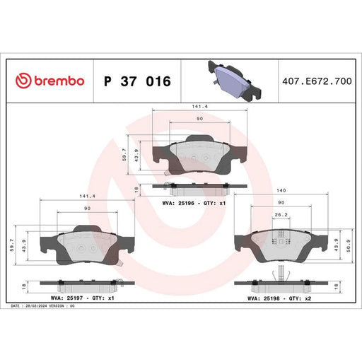 Brembo 4 x Rear Brake Pad Set P37016